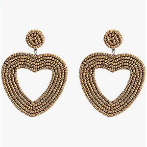 2.5" Dark Gold Handmade Large Heart Beaded Earrings Beads Handmade Hearts